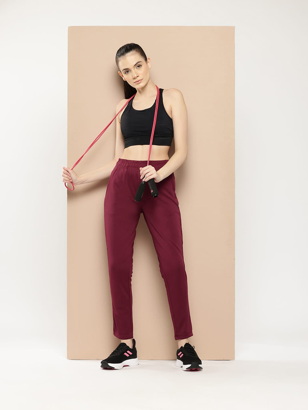 Alcis Women Red Plum Anti-Static Soft-Touch Slim-Fit Training Track Pants