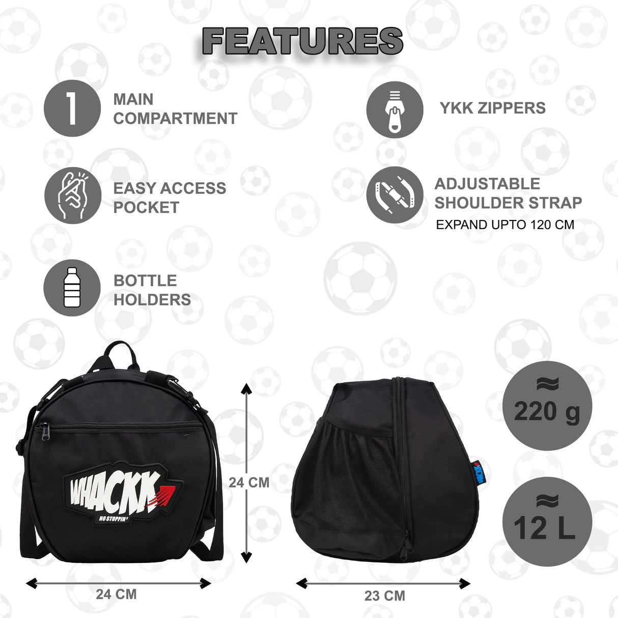 Attack Black Soccer 12L Football Equipment Bags| Basketball Volleyball Bags |Adjustable Strap Backpack |Easy Access Pocket Mesh Bottle Holders | Ball Bag |Kitbag |Bag