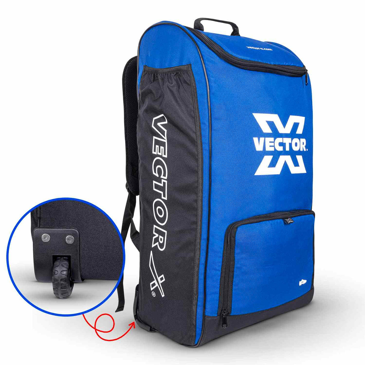 Vector X Greenfield Pro 60 Ltr. PU Polyester Cricket Backpack Senior Kit With Wheel Trolley Bag|1 Pocket for Bat|Shoe & Accessories Pockets|1 Water Bottle Holders|Lightweight|Dual Opening (Blue-Black)