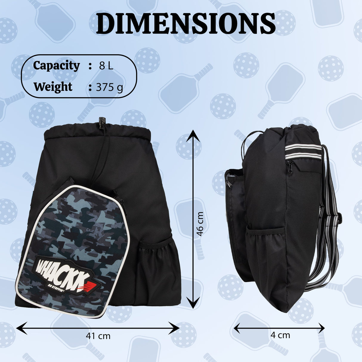 Dink Black Wildstone 8L Pickelball/ Table Tennis TT Bag Lightweight Unisex