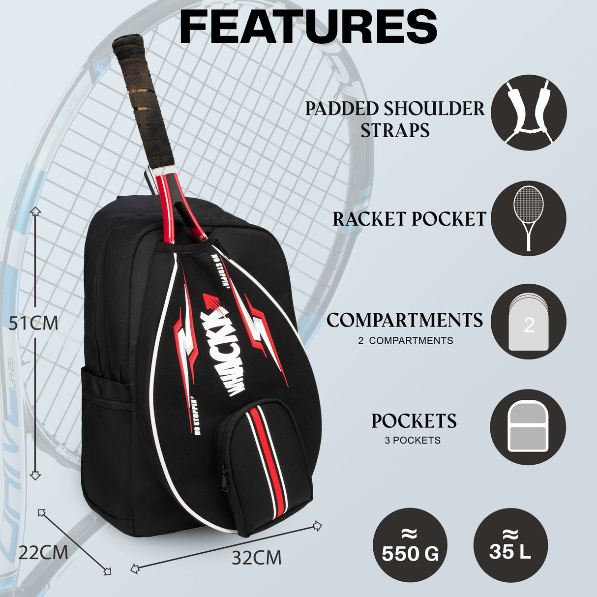 DropShot Black 35L Tennis Badminton Pickelball Squash Equipment Bag | Unisex Lightweight Backpack