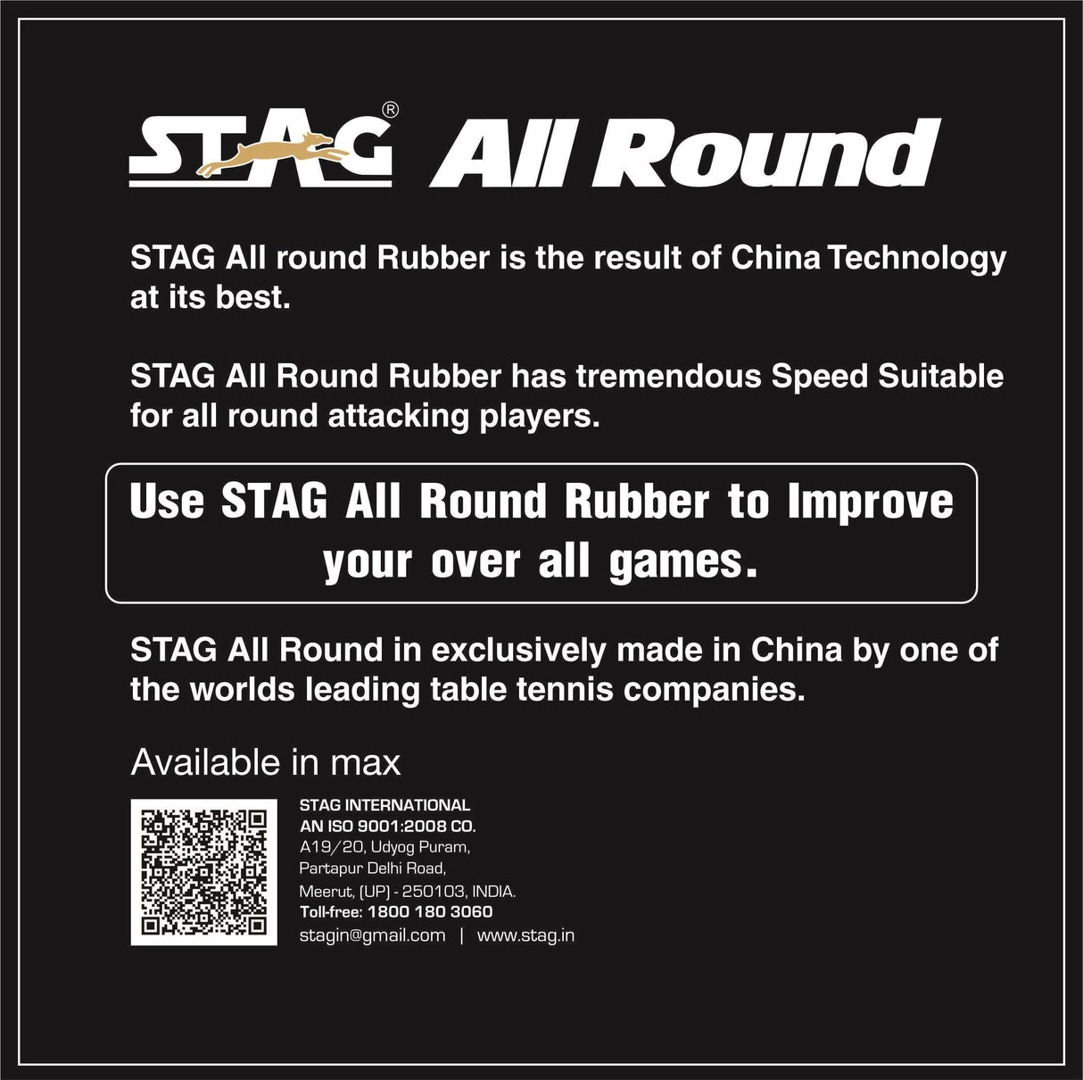 STAG GLOBAL All Round Table Tennis Racket Single Rubber, ITTF Approved, Speed 85, Spin 90, Control 80