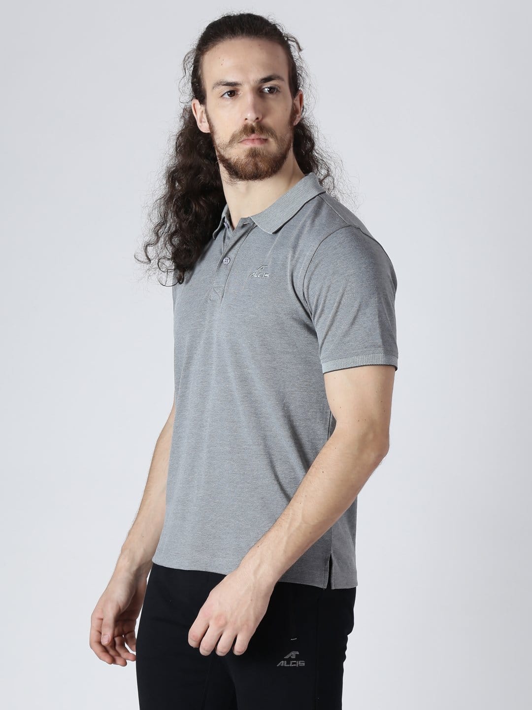 Alcis Men Grey Solid Polo Collar Slim Fit T-shirt