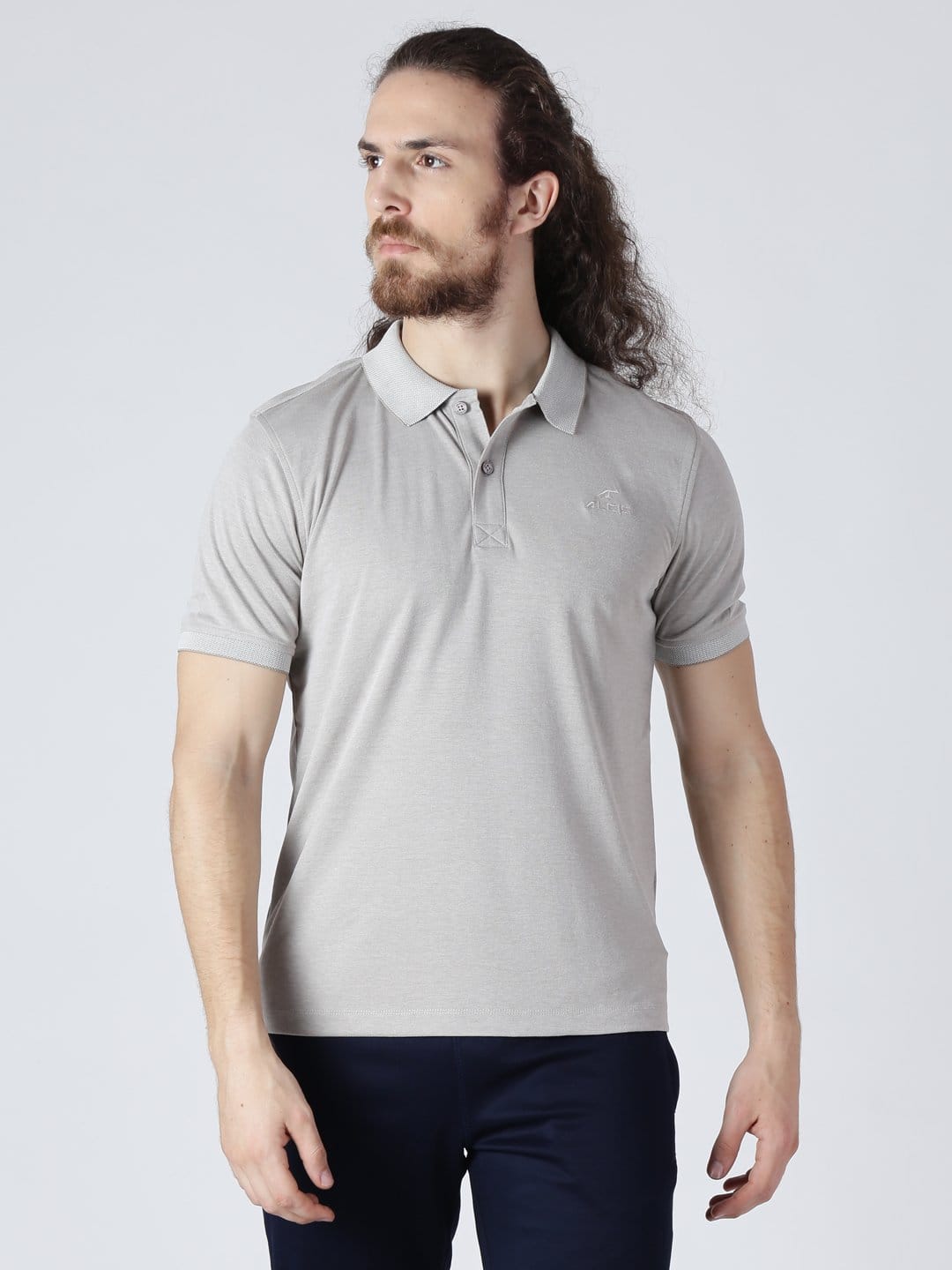 Alcis Men Grey Solid Polo Collar Slim Fit T-shirt