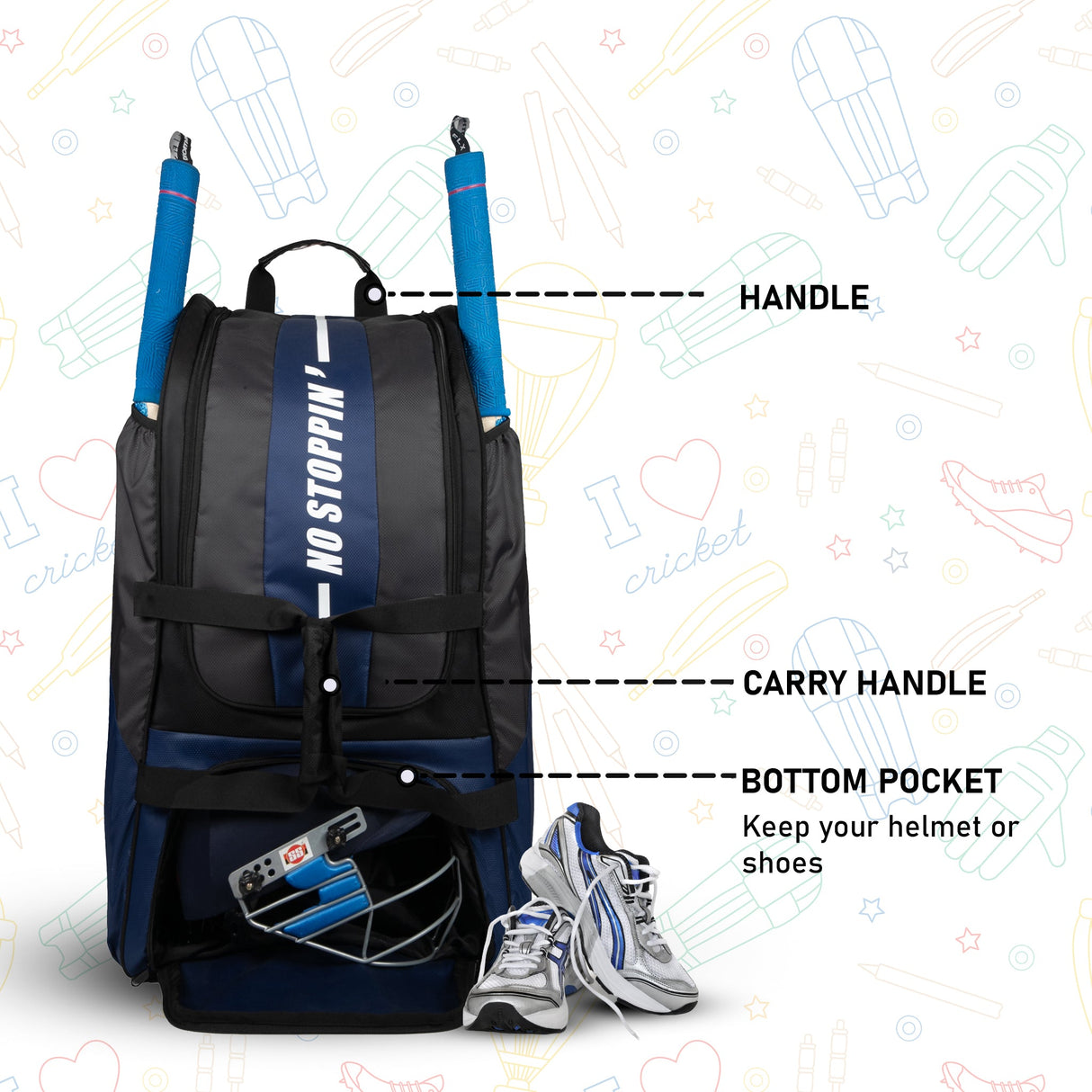 Gayle Blue Black Junior Backpack Duffle Trolley Wheelie Cricket Kit Bag Youth Size 2 Bat Pocket Shoe/Helmet Pkt Main Compartment 15.5" Leg Pad 2 Bottle Holder Player Edition