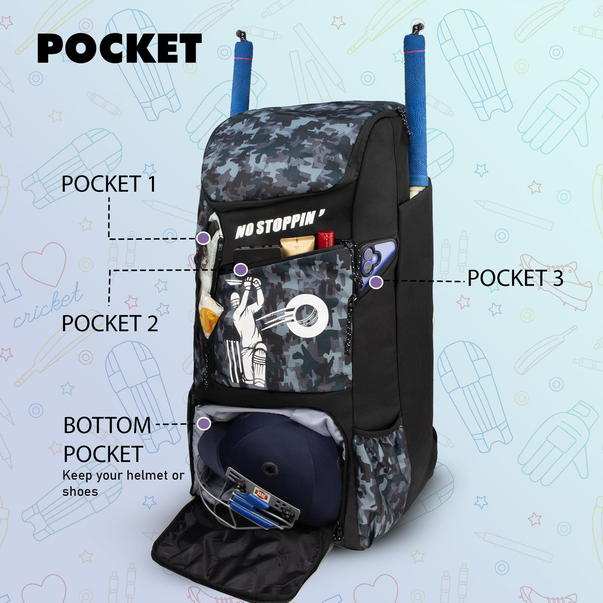 Kallis Grey Black 103L Unisex Cricket Kit Bag Backpack | Adult Size | 2 Bat | Shoe/Helmet Pocket | Main Compartment 18" Leg Pad |2 Bottle Holder | Easy Access Pocket | Player Edition Senior