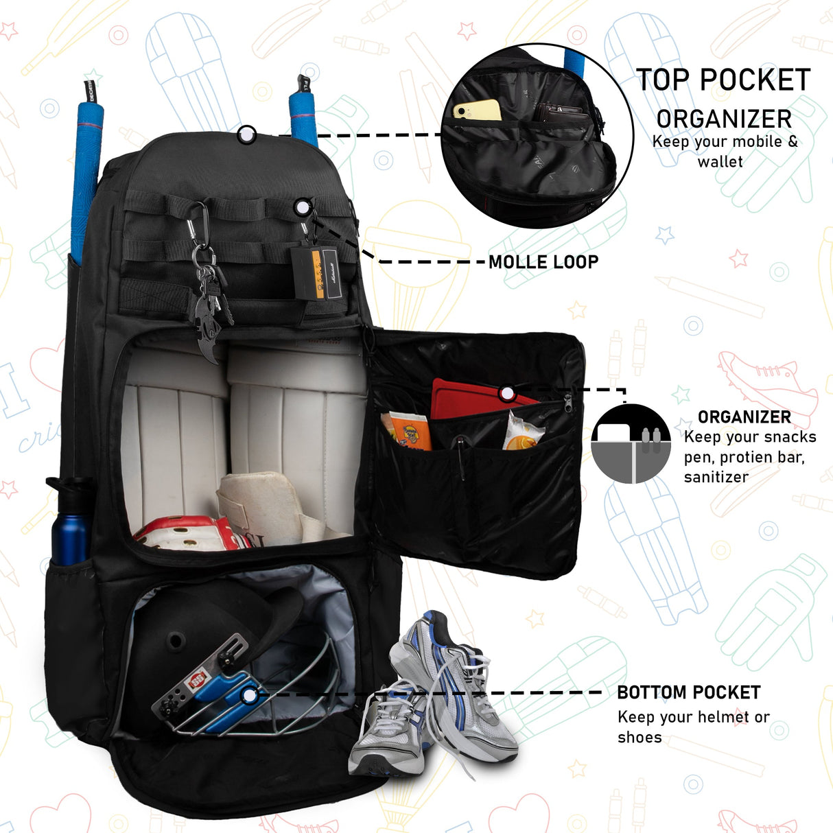 Condor Black 89L Unisex Cricket Kit Bag|Adult Size|2 Bat|Shoe/Helmet Pocket|Main Compartment 20 Inch Leg Pad|2 Bottle Holder|Easy Access Pocket|Player Edition Senior|Stylish Kit Bag