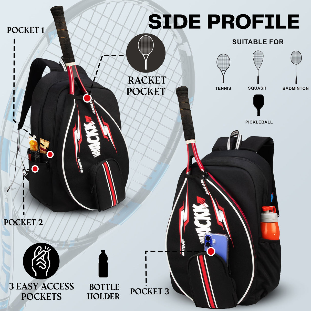 DropShot Black 35L Tennis Badminton Pickelball Squash Equipment Bag | Unisex Lightweight Backpack