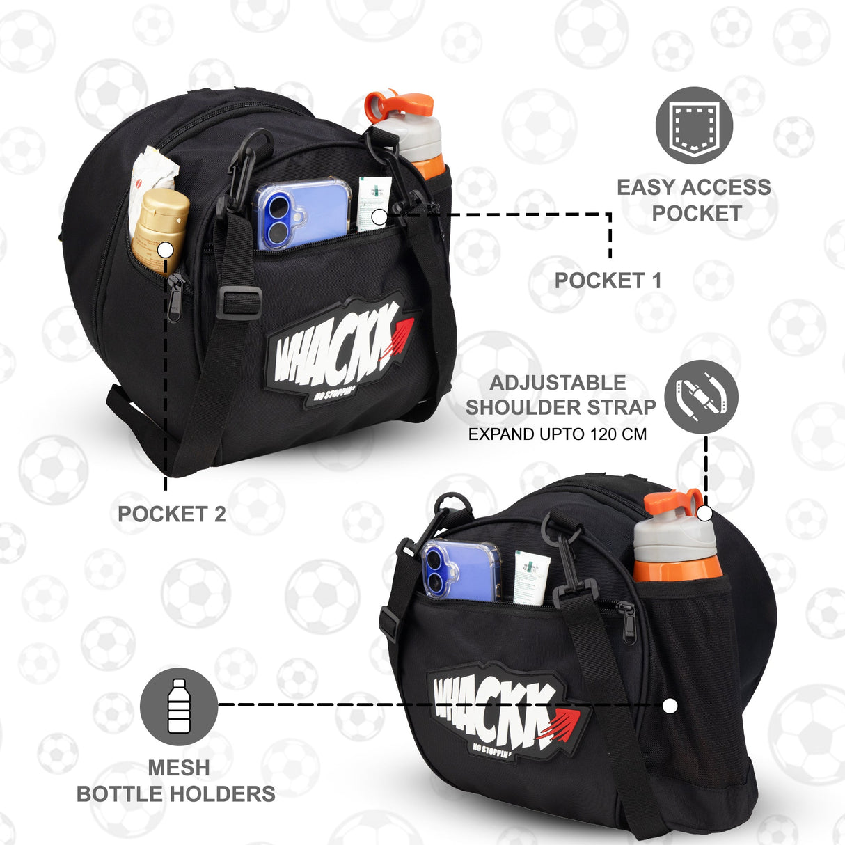 Attack Black Soccer 12L Football Equipment Bags| Basketball Volleyball Bags |Adjustable Strap Backpack |Easy Access Pocket Mesh Bottle Holders | Ball Bag |Kitbag |Bag