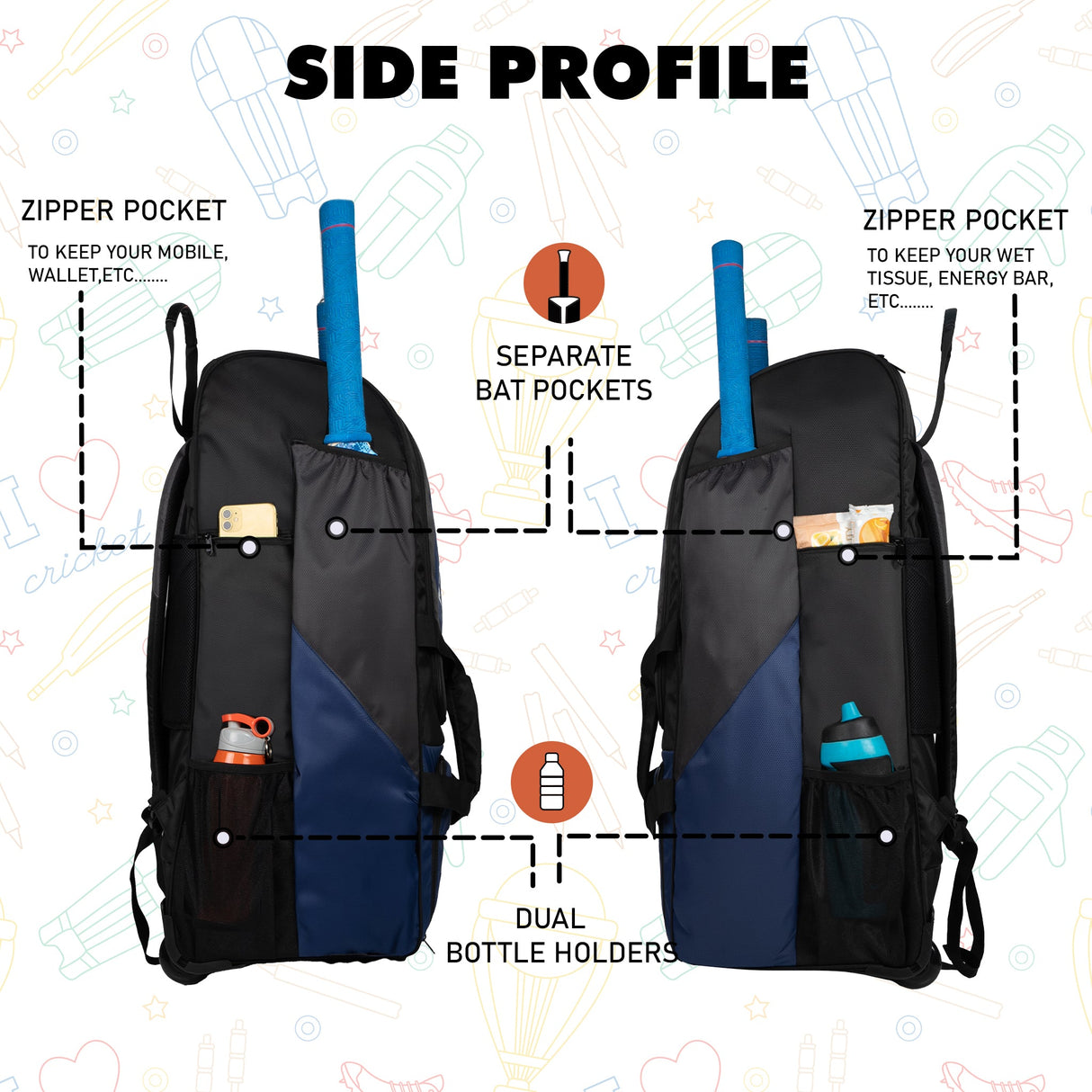 Gayle Blue Black Junior Backpack Duffle Trolley Wheelie Cricket Kit Bag Youth Size 2 Bat Pocket Shoe/Helmet Pkt Main Compartment 15.5" Leg Pad 2 Bottle Holder Player Edition