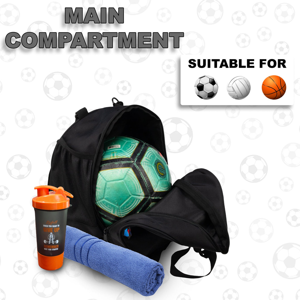 Attack Black Soccer 12L Football Equipment Bags| Basketball Volleyball Bags |Adjustable Strap Backpack |Easy Access Pocket Mesh Bottle Holders | Ball Bag |Kitbag |Bag