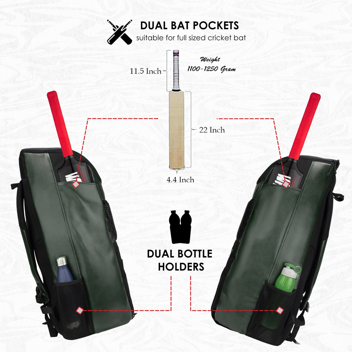 Lara Olive Green 72L | Premium Artificial Vegan Faux Leather Cricket Backpack|KitBag|Adult Size|2 Bat Pocket|Shoe/Helmet Pocket|Fit 18" Leg Pad 2 Bottle Holder|Easy Access|Player Senior,Black