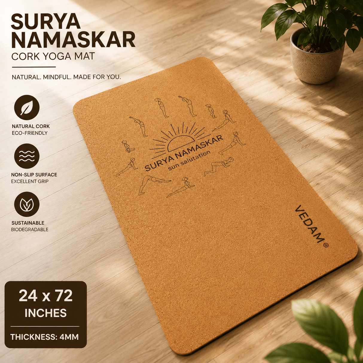 Vedam Cork Yoga Mat | Non-Slip Eco Rubber Base Suryanamskar