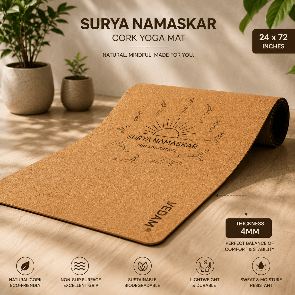 Vedam Cork Yoga Mat | Non-Slip Eco Rubber Base Suryanamskar