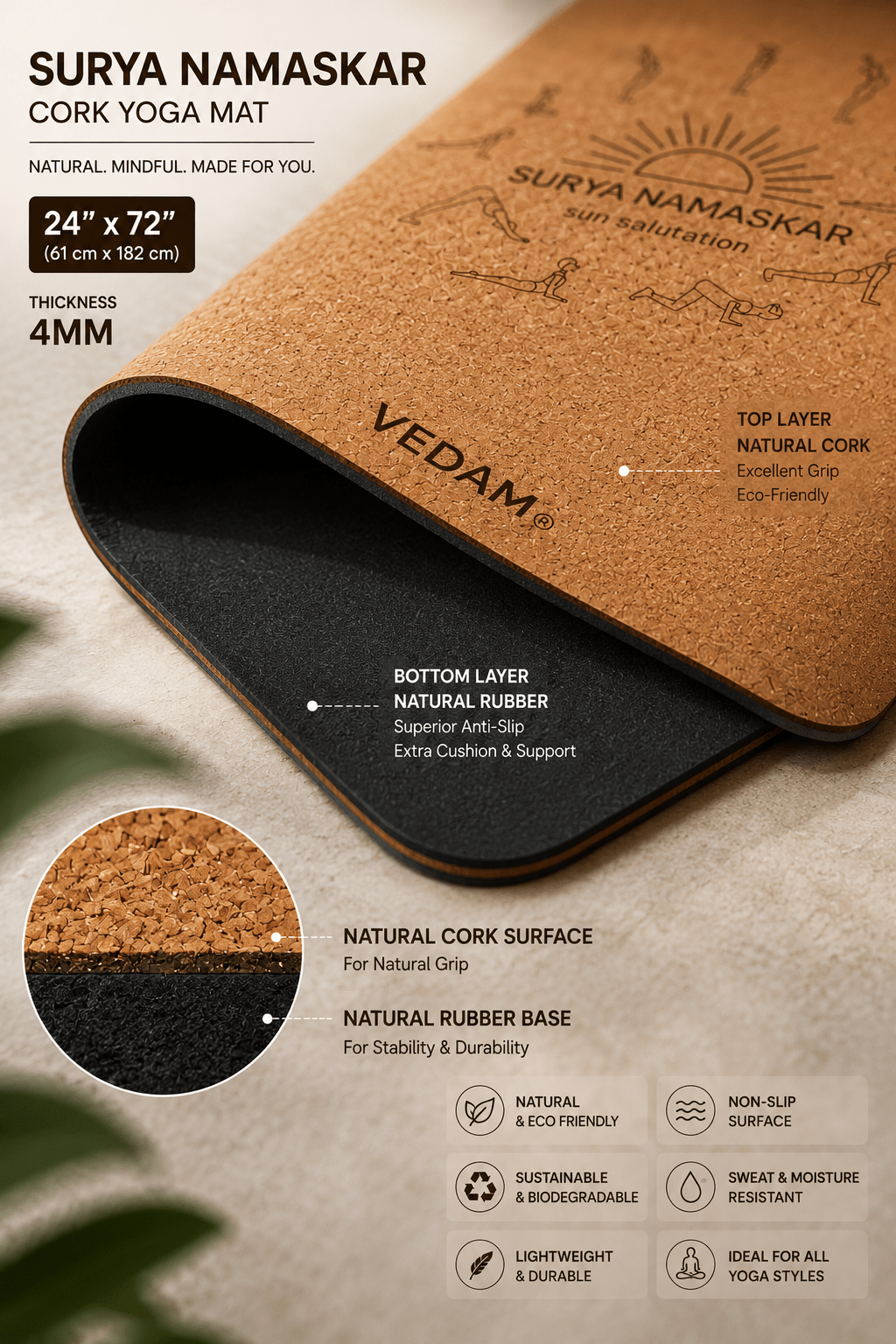 Vedam Cork Yoga Mat | Non-Slip Eco Rubber Base Suryanamskar