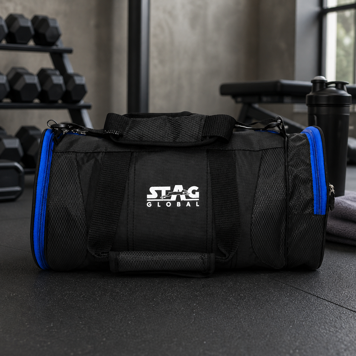 STAG GLOBAL Duffle Bag, Durable Travel Companion, Comfortable shoulder strap, Black & Blue