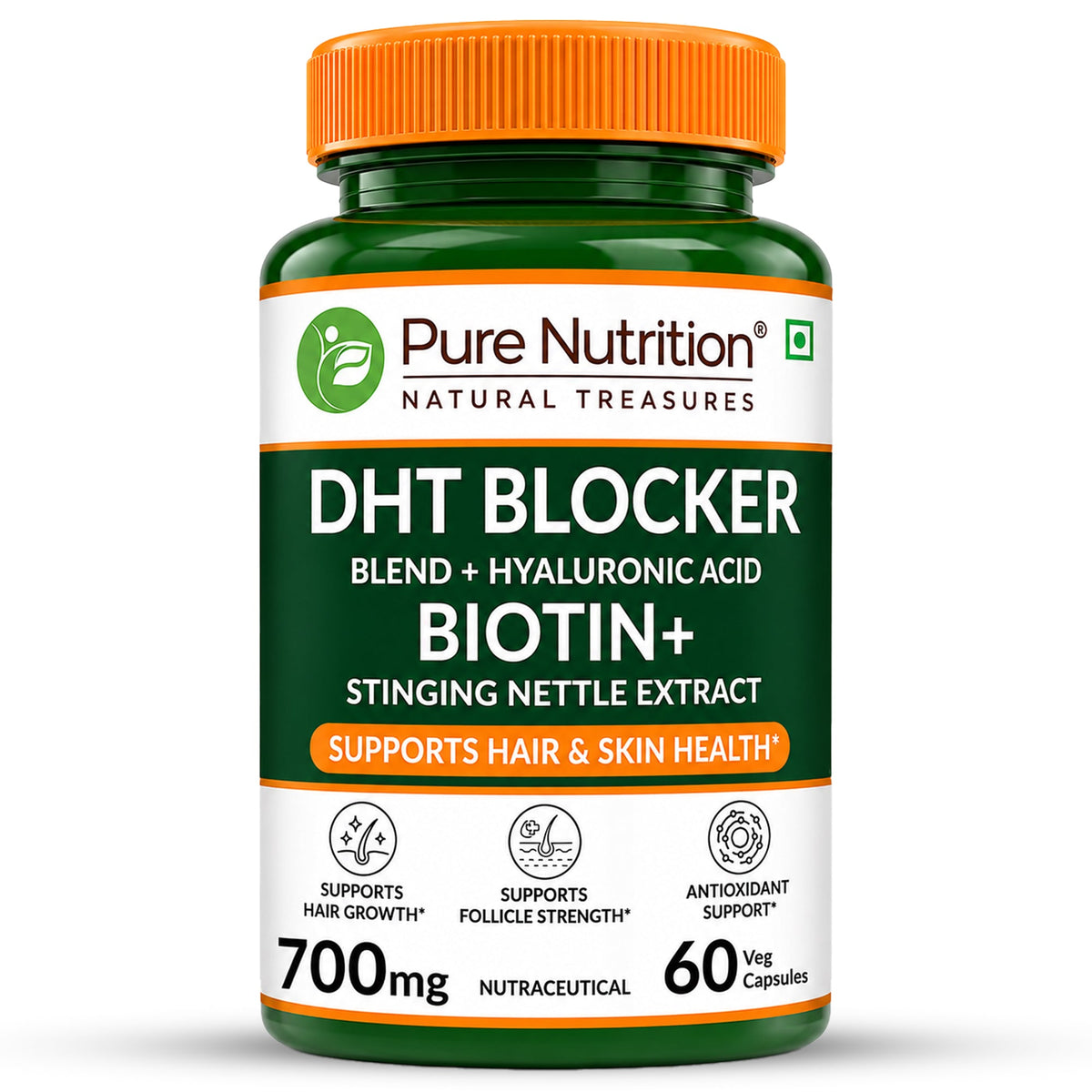 DHT Blocker with Biotin, Hyaluronic Acid & Stinging Nettle Extract | Hair & Scalp Support | 700 mg | 60 Veg Tablets - Nutrition by Pure Nutrition