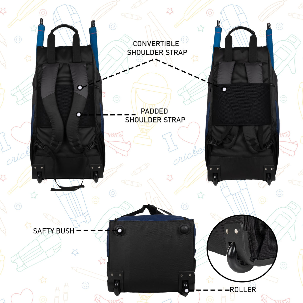 Gayle Blue Black Junior Backpack Duffle Trolley Wheelie Cricket Kit Bag Youth Size 2 Bat Pocket Shoe/Helmet Pkt Main Compartment 15.5" Leg Pad 2 Bottle Holder Player Edition