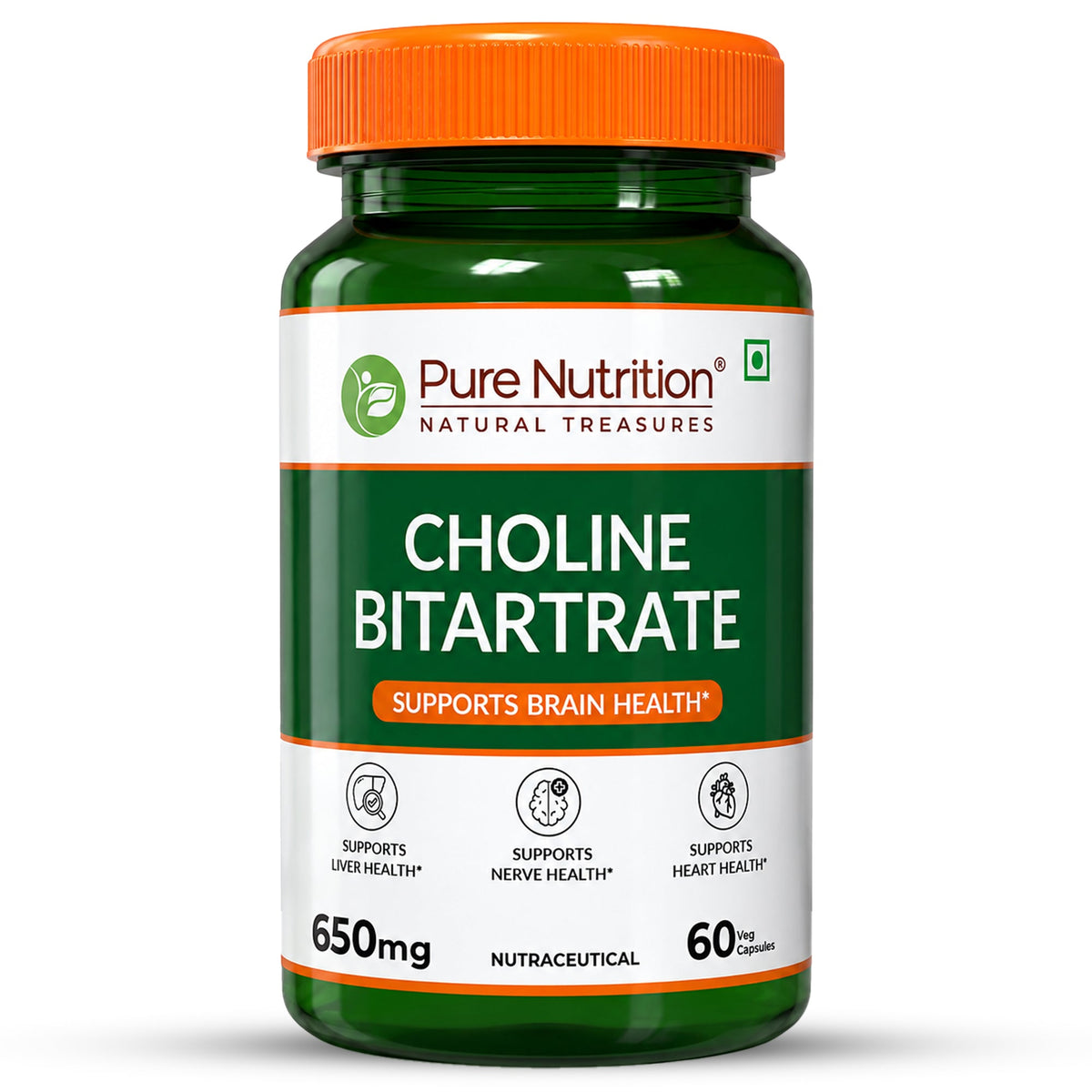 Choline Bitartrate 650mg Brain, Nerve & Liver Support | 60 Veg Capsules - Nutrition by Pure Nutrition