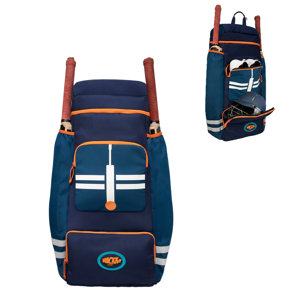 WHACKK Warne 81L Cricket Kit Bag Backpack | Spacious Compartment with Dual Bat, Shoe/ Helmet Pockets | Lightweight & Durable Sports kit Bag blue Orange