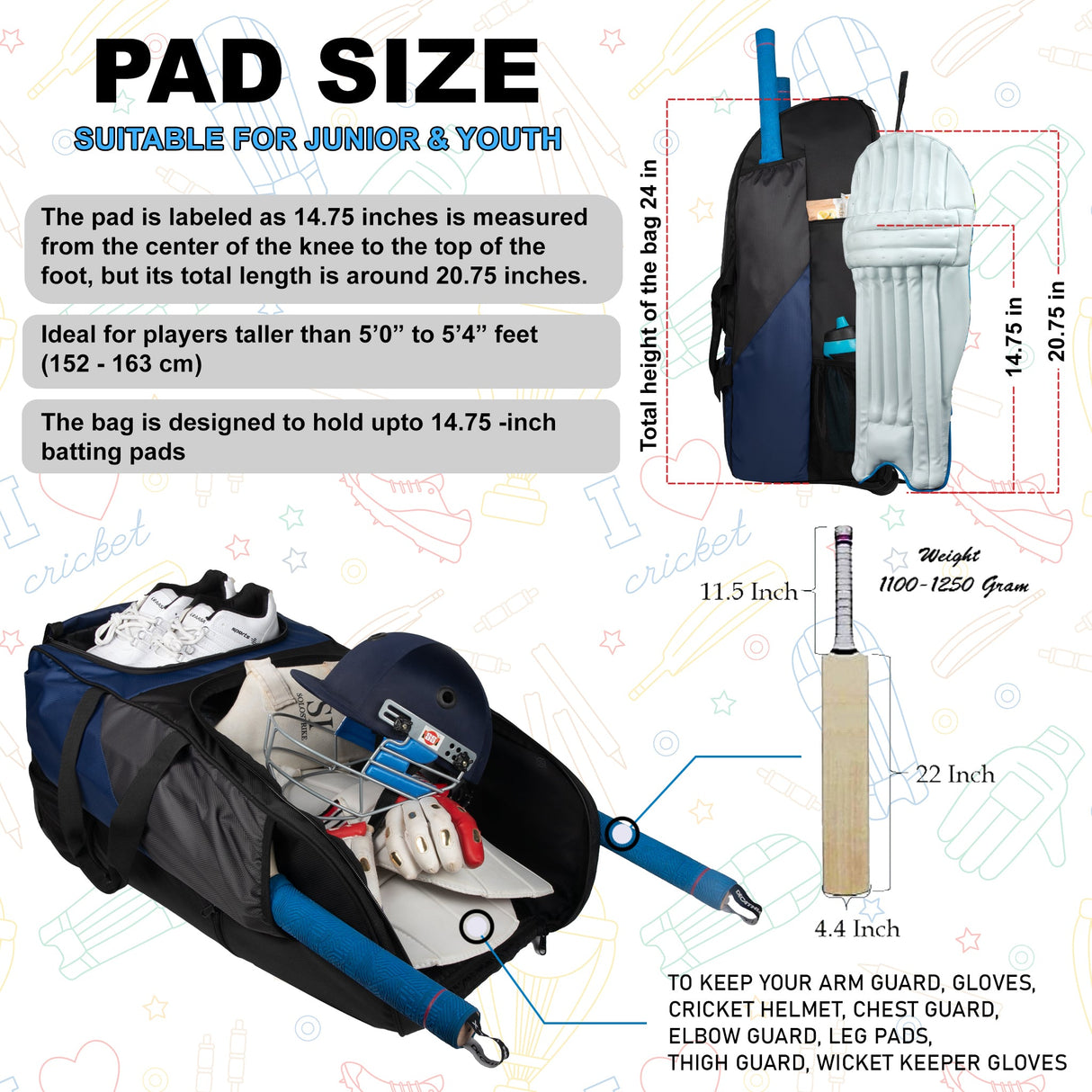 Gayle Blue Black Junior Backpack Duffle Trolley Wheelie Cricket Kit Bag Youth Size 2 Bat Pocket Shoe/Helmet Pkt Main Compartment 15.5" Leg Pad 2 Bottle Holder Player Edition