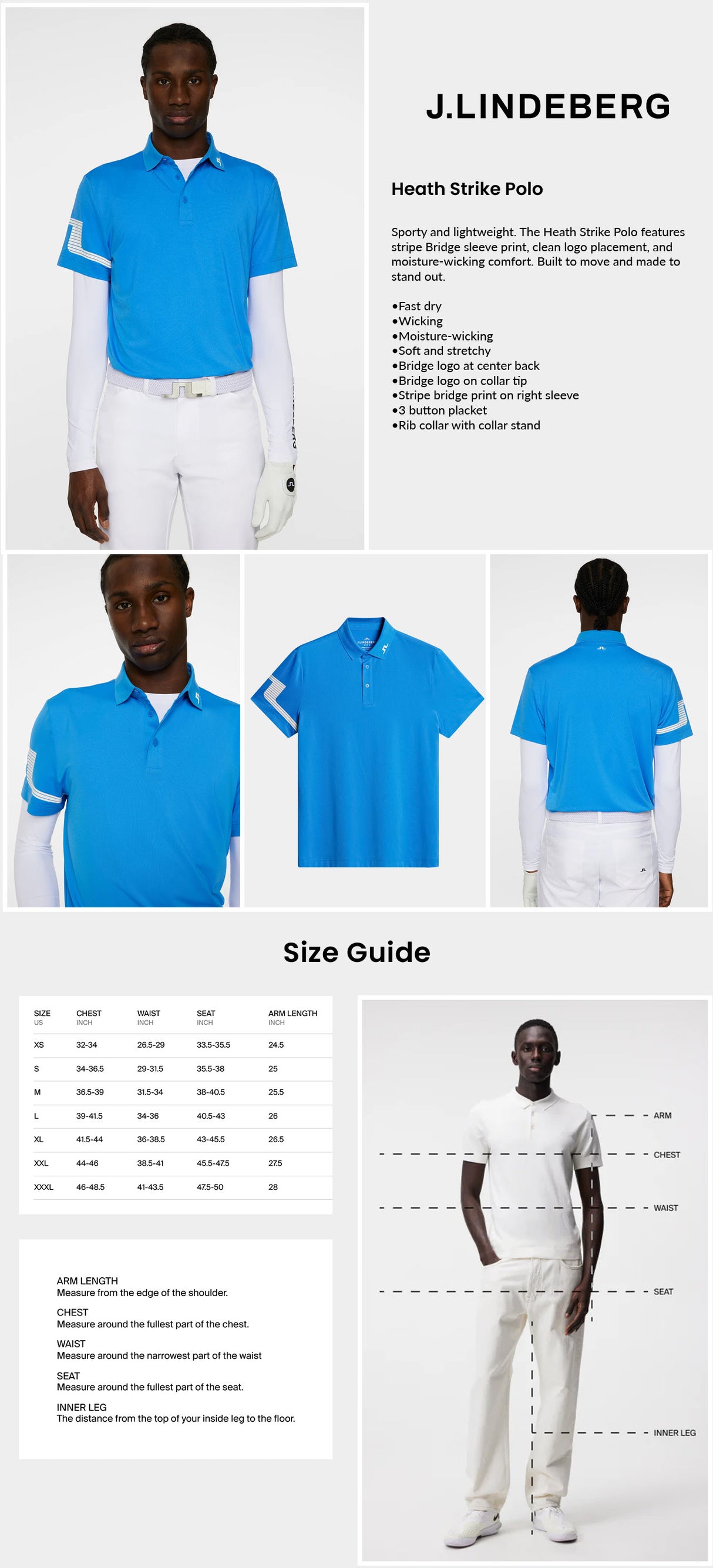 J Lindeberg Men's Heath Strike Golf Polo - Sonic Blue