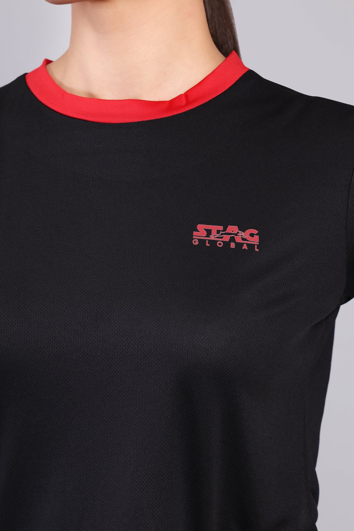 STAG GLOBAL Crest Women's Sports T-Shirt | Black/Pink | 100% Polyester | Lightweight & Quick Dry