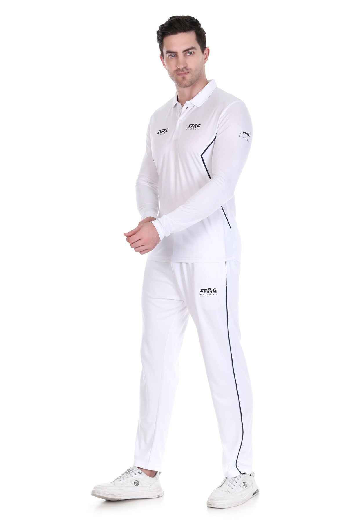 Stag Global APX Pure White Full Sleeve Sports Set for Men & Women | Collared T-Shirt with Track Pant | Moisture Wicking | 4-Way Stretch