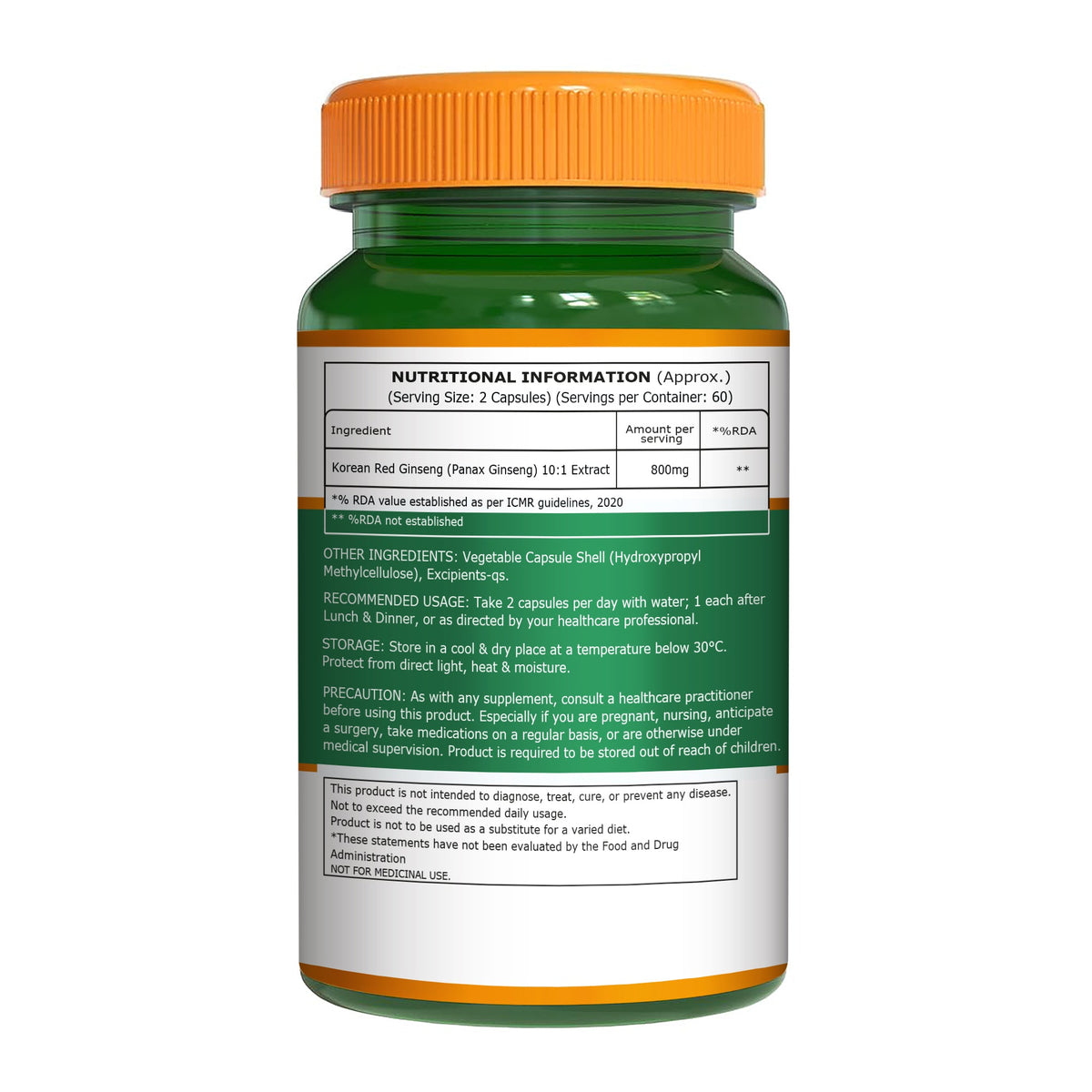 Korean Ginseng (Panax) Capsules 120 Count Energy, Stamina & Brain Health