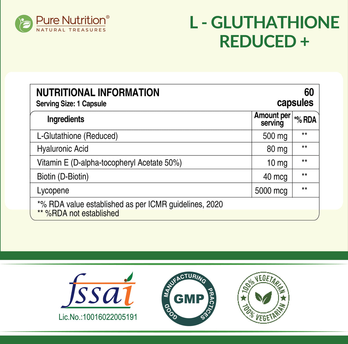 L-Glutathione Reduced+ | With Hyaluronic Acid, Vitamin E & Biotin | 60 Veg Tablets
