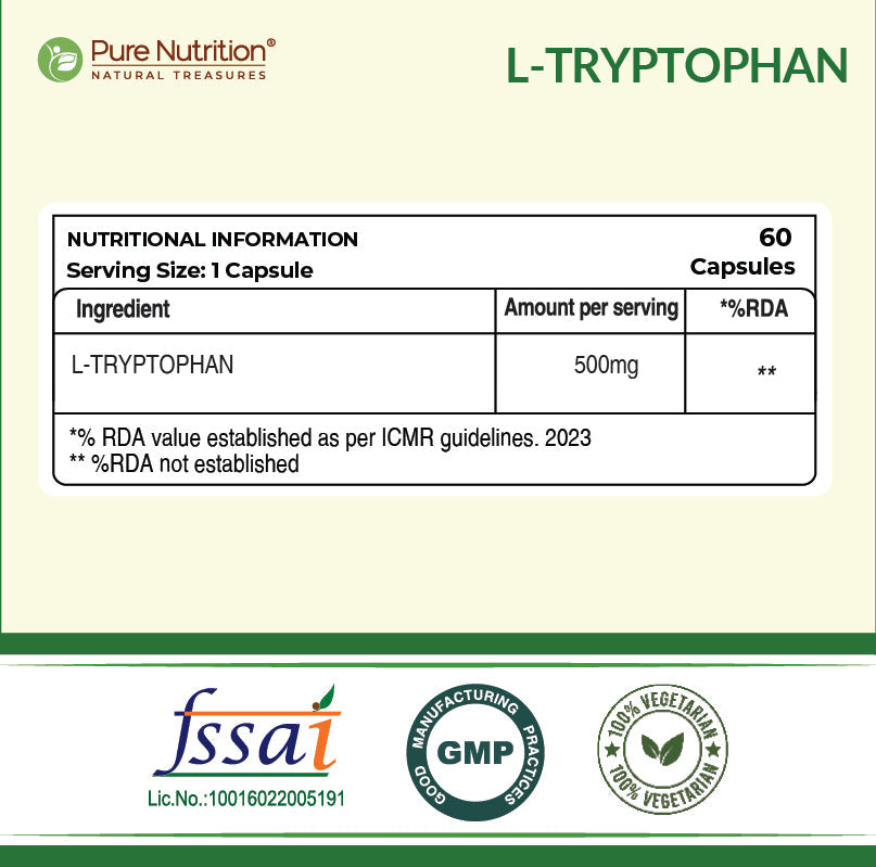L-Tryptophan 500mg Veg Capsules Mood Balance, Sleep & Wellness