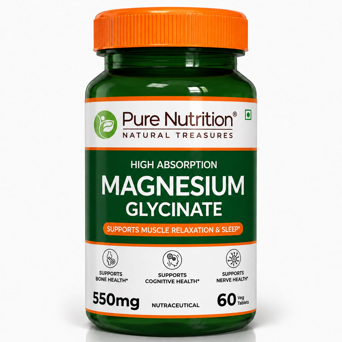 Magnesium Glycinate 550mg – High Absorption | Sleep, Stress & Muscle Health | 60Tablets| 120 Tablets - Nutrition by Pure Nutrition