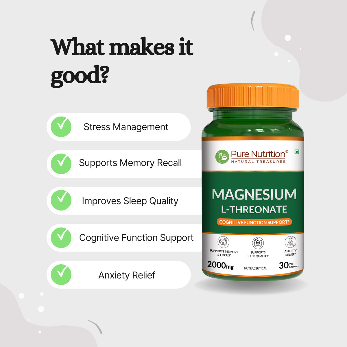 Magnesium L-Threonate Brain, Memory & Focus Support | 30 Veg Capsules