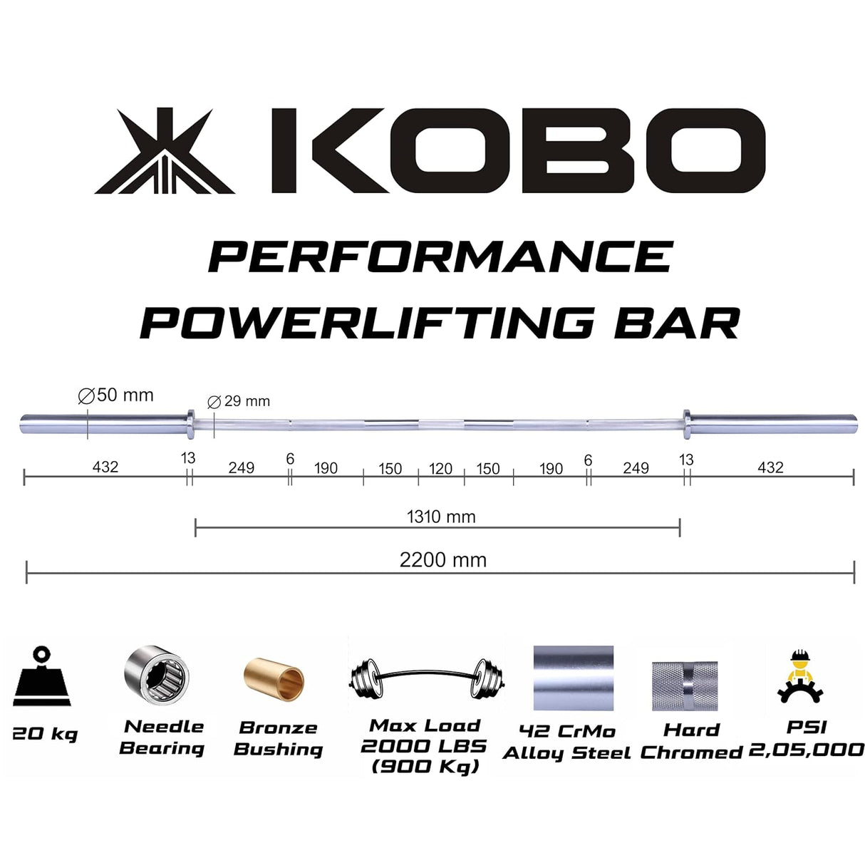 Kobo OR-7-D Olympic Powerlifting Barbell 86″ Bar