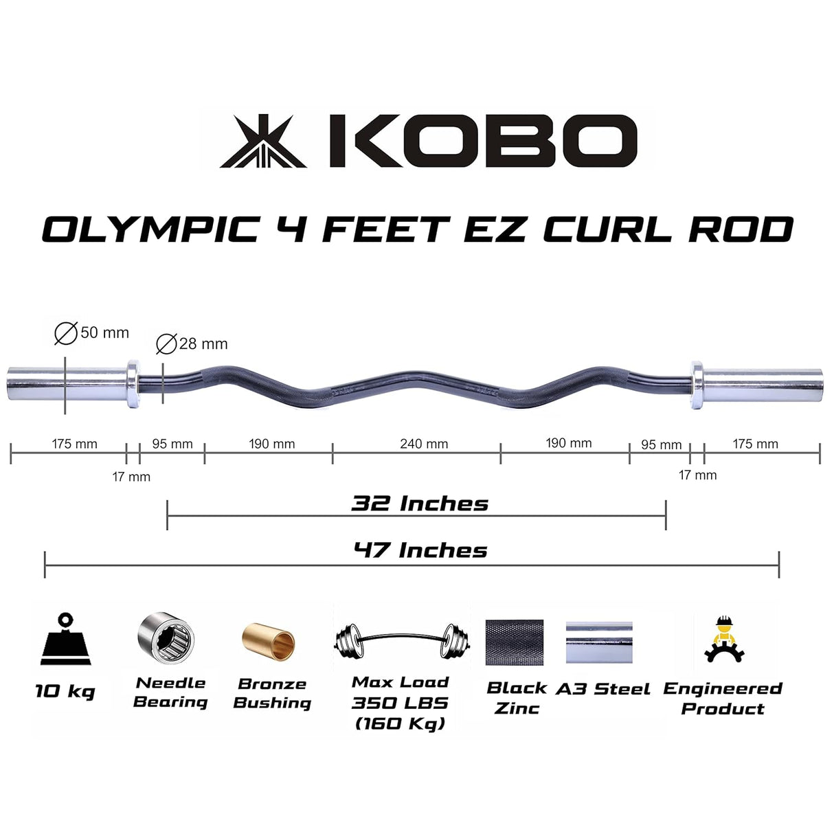 Kobo ORC-4-B Olympic Barbell 47″ Ez Curl Bar