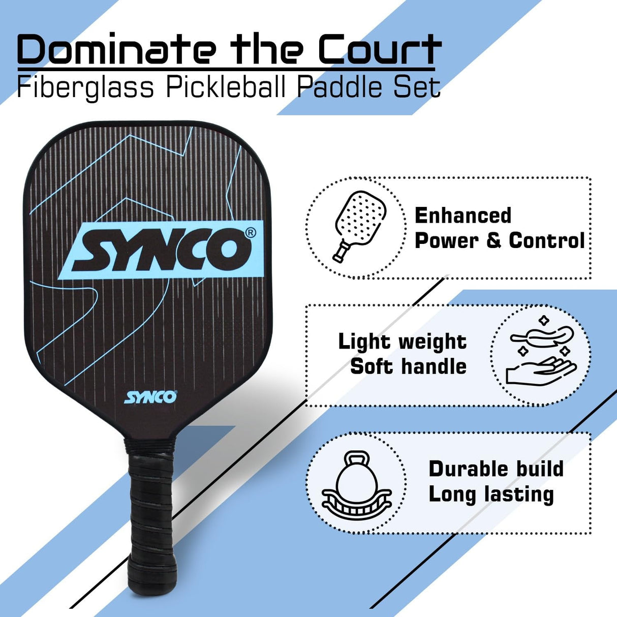 Synco Pickleball Paddle Set Carbonium Blue | 2 Pickleball Rackets and 4 Pickleballs with Carry Bag | Fiberglass Lightweight Racket with Cushion Comfort Grip