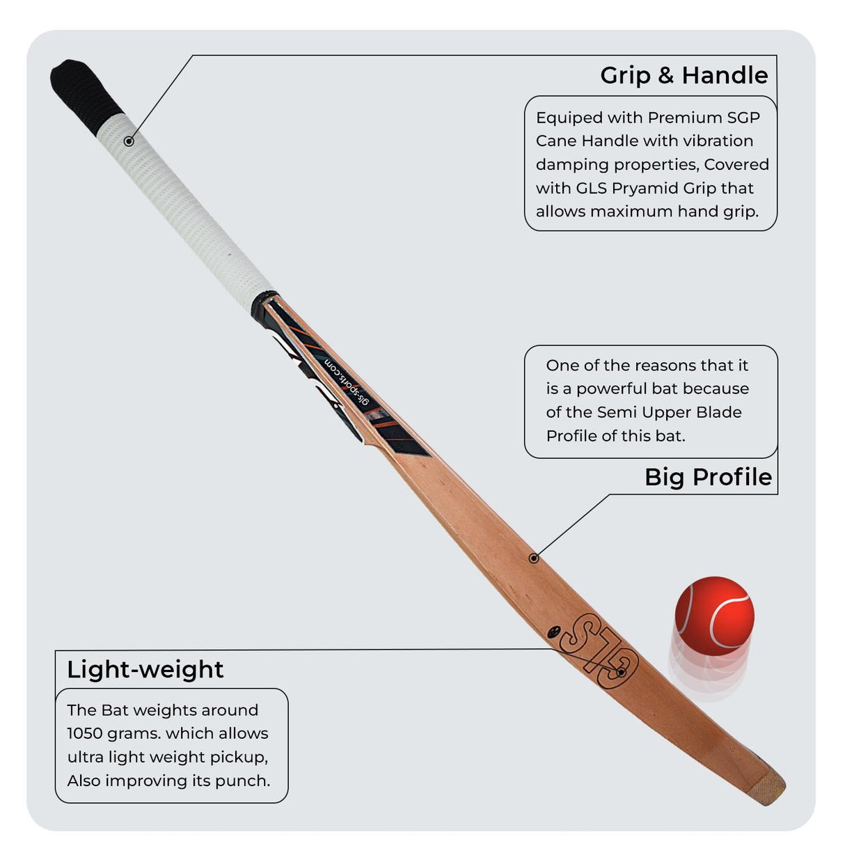 GLS Destroyer Red Kashmir Willow Scoop Bat For Hard Tennis Ball