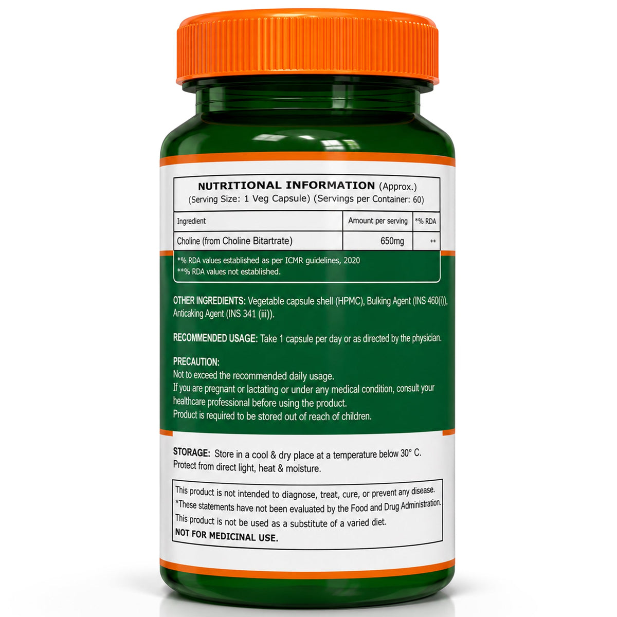 Choline Bitartrate 650mg Brain, Nerve & Liver Support | 60 Veg Capsules