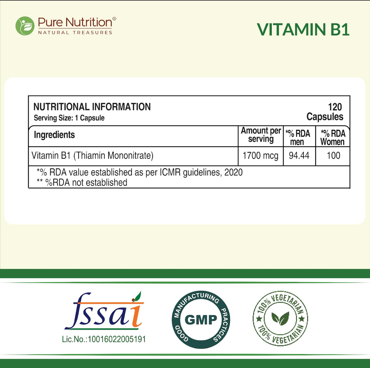 Vitamin B1 (Thiamine) Capsules 120 Count Energy Metabolism & Nerve Health