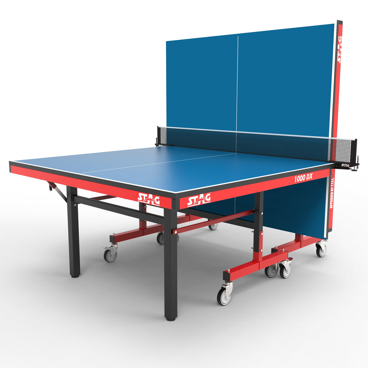 STAG GLOBAL Deluxe 1000 DX Table Tennis Table, 25mm Blue Top with 2 TT Rackets, 6 Balls, 1 Table Cover & Clamp Net