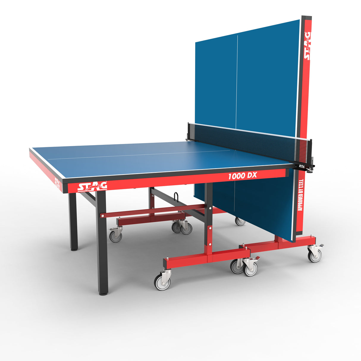 STAG GLOBAL Deluxe 1000 DX Table Tennis Table, 25mm Blue Top with 2 TT Rackets, 6 Balls, 1 Table Cover & Clamp Net