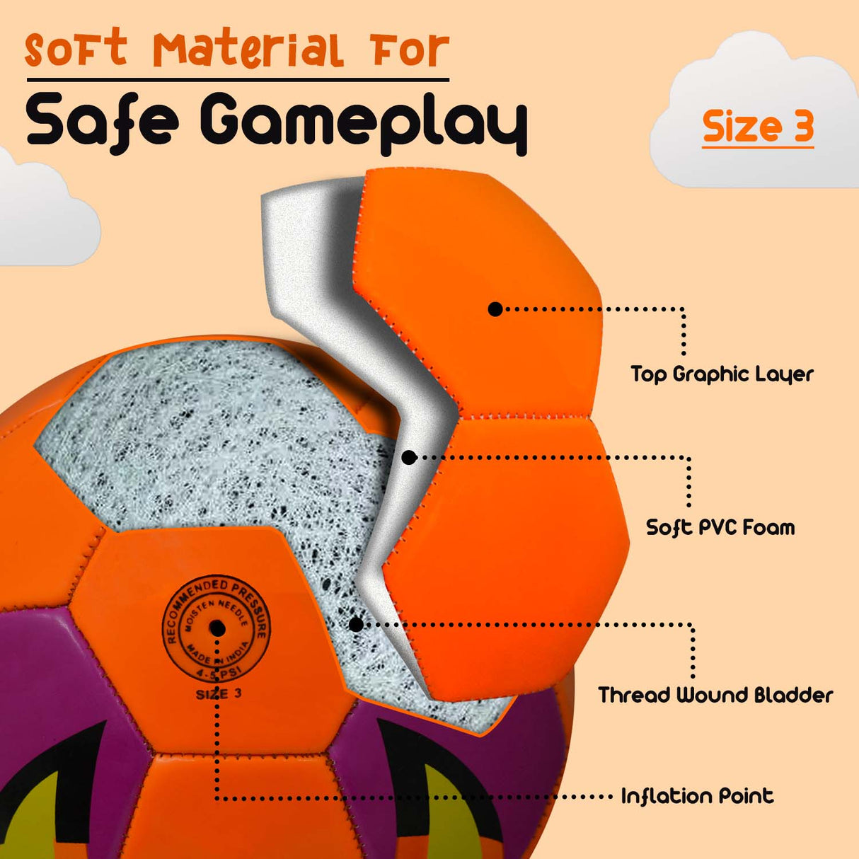 Synco Kids Football | Fox Faced Soft PVC Material | For Indoor & Outdoor Gameplay | Size-3