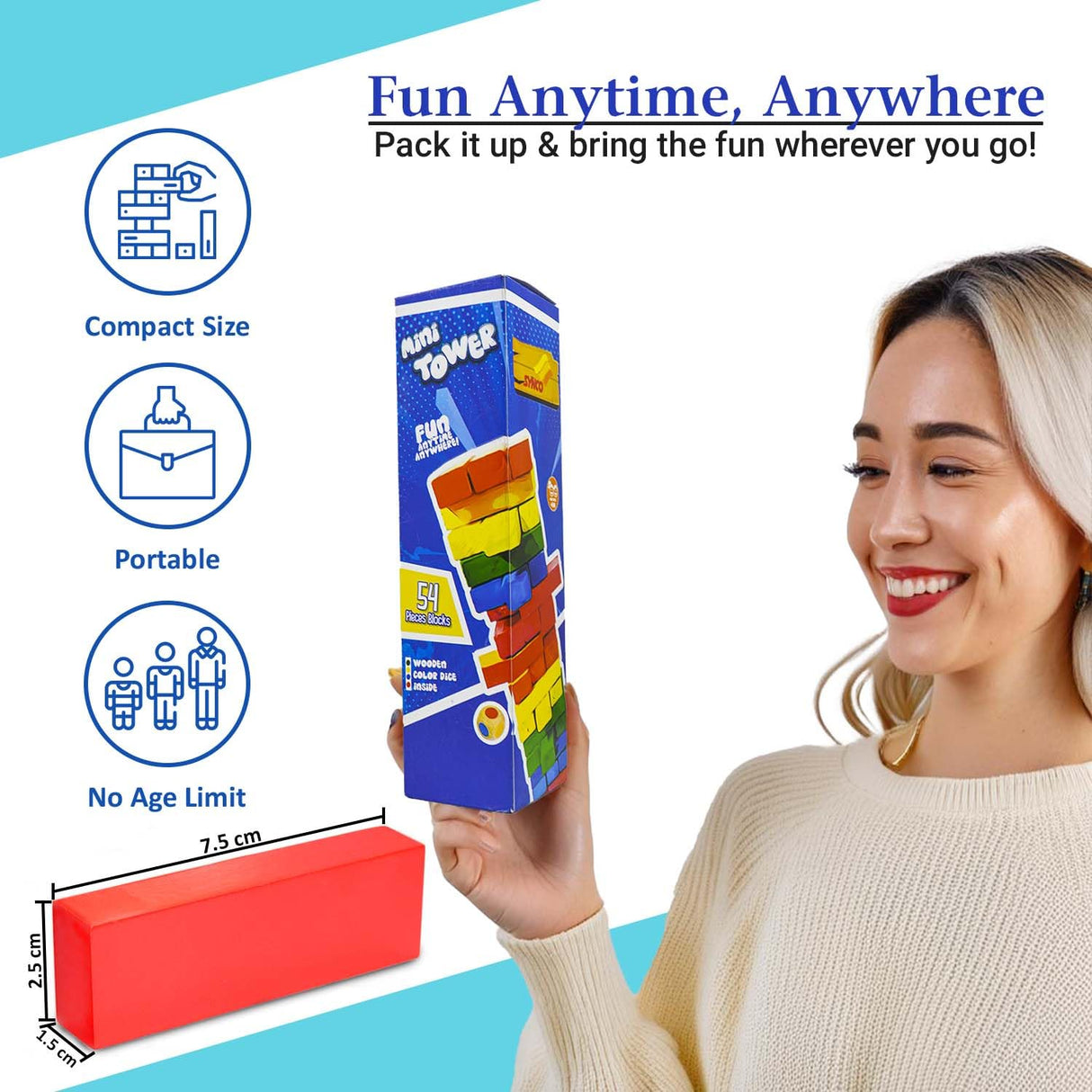 Synco Mini Tower | Wooden Tumbling Tower | Best Wooden Game for Children & Adults | Mini Wooden Block Set For Family Fun, Skill-Building Game Multicolor Blocks-54Pc