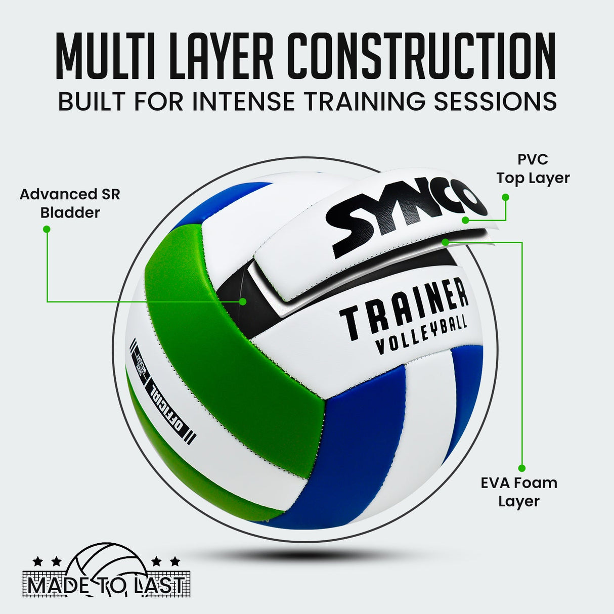 Synco Trainer Volleyball, PVC Machine Stitched, 18 Panels Soft Touch & Lightweight