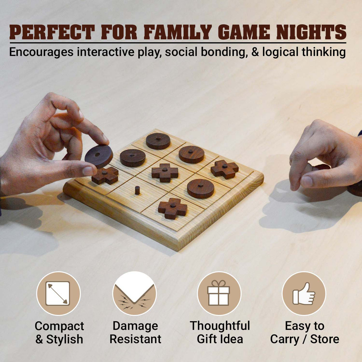 Synco Noughts & Crosses | Tic Tac Wooden Game | Natural Colour & Matte Finish | Gift for Friends & Family