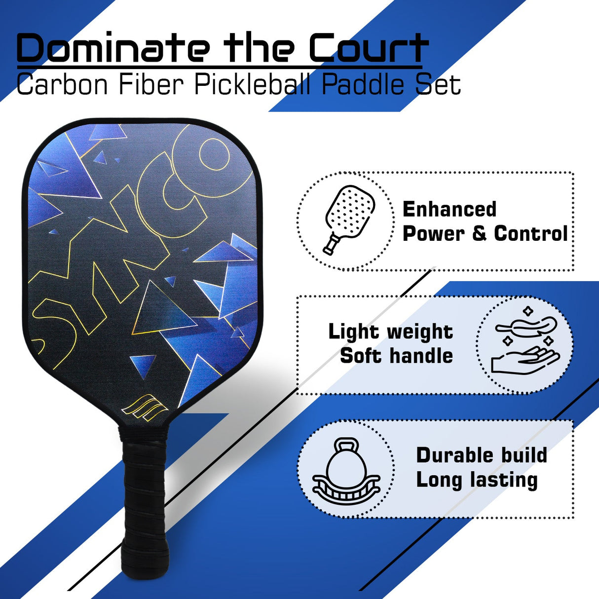 Synco Glory Carbon Fiber Pickleball Paddle Set | 1 Racket, 2 Pickleballs with Carry Bag | 16mm Professional Paddle