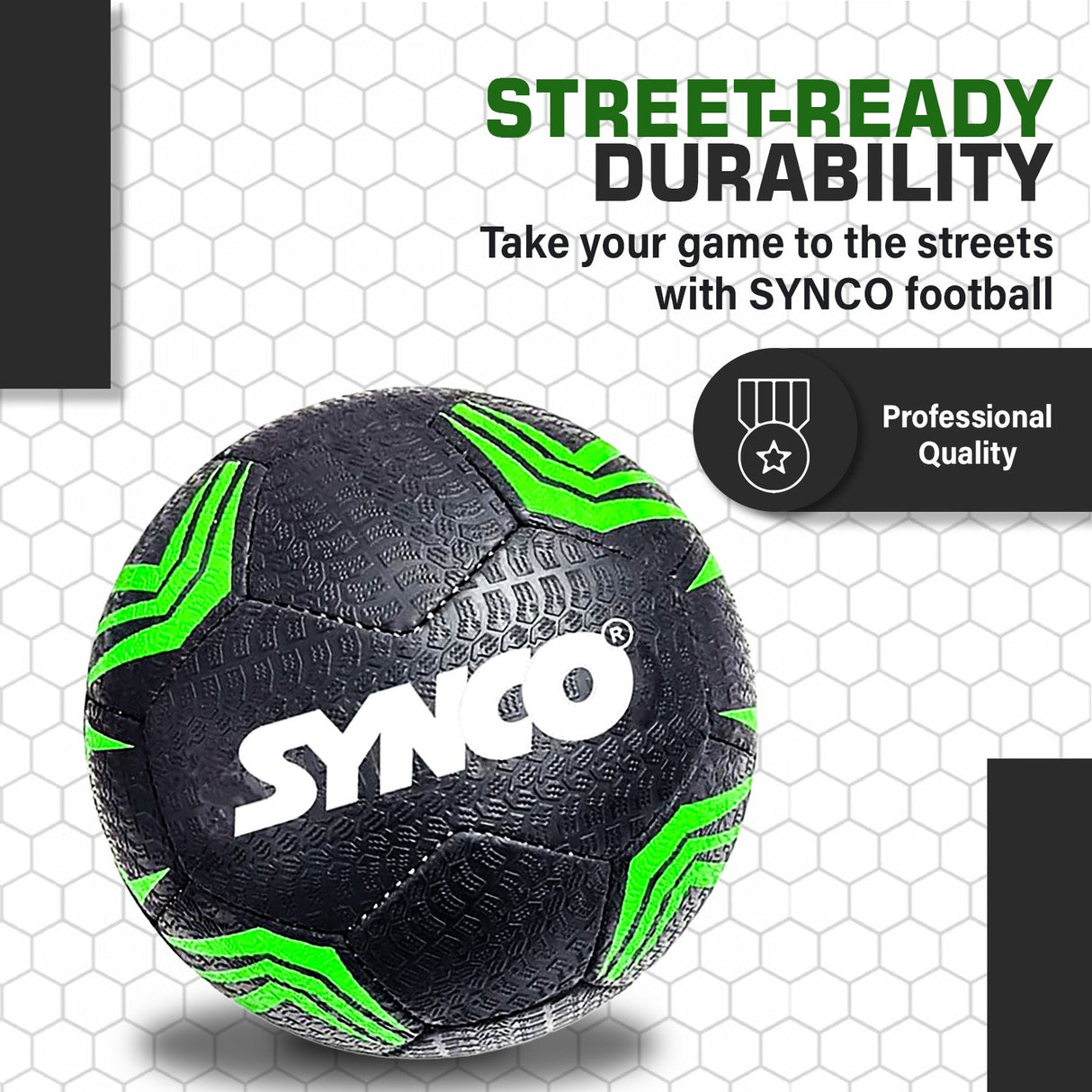 Synco Street Soccer Football | Rubberized Stitched Football | Training Soccer Ball | Suitable for Hard Ground |for boys/girls | Size 5 (Black)
