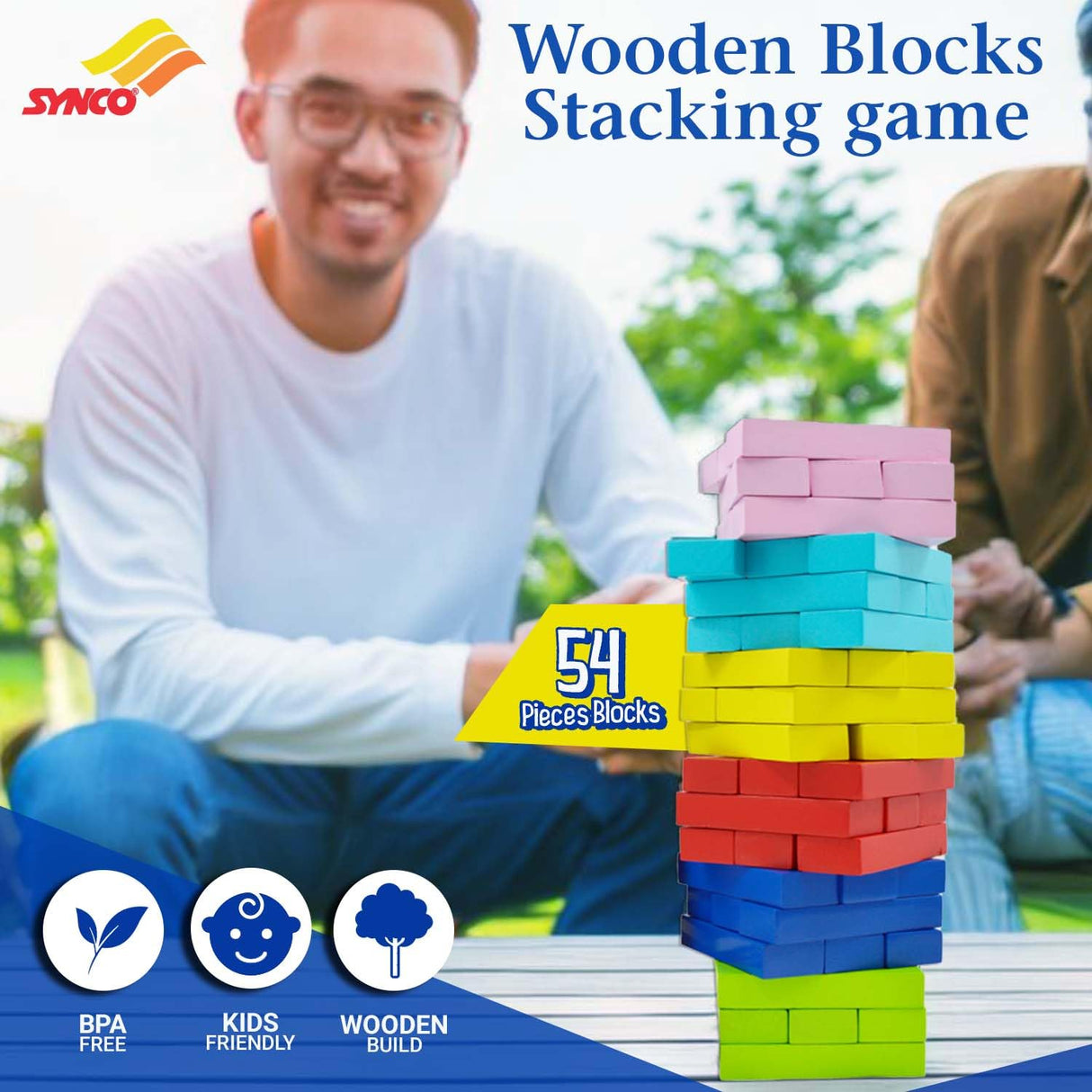 Synco Mini Tower | Wooden Tumbling Tower | Best Wooden Game for Children & Adults | Mini Wooden Block Set For Family Fun, Skill-Building Game Multicolor Blocks-54Pc