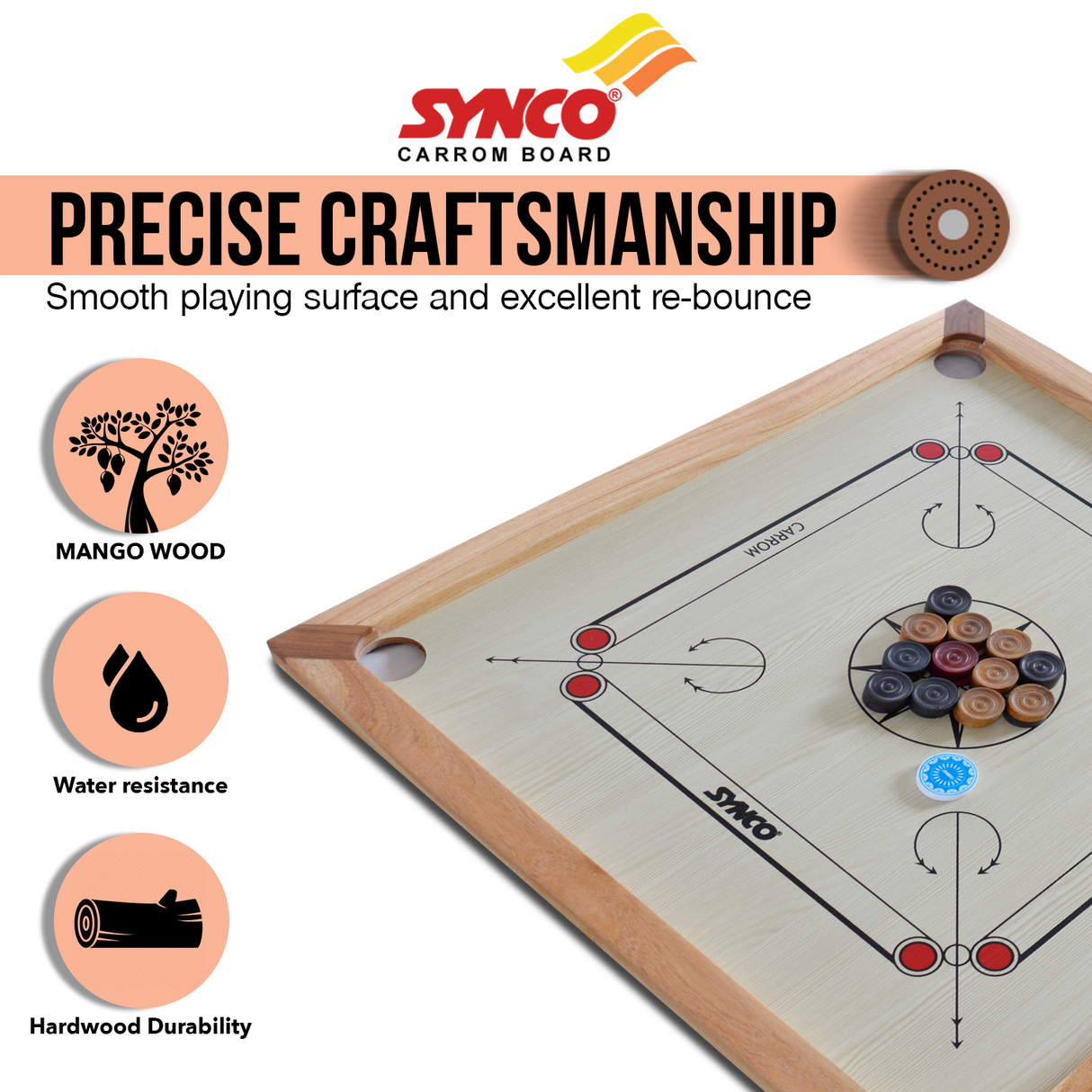 Synco 32" Inch Mango Carrom Board| Pro Training Carrom Board for Amateurs