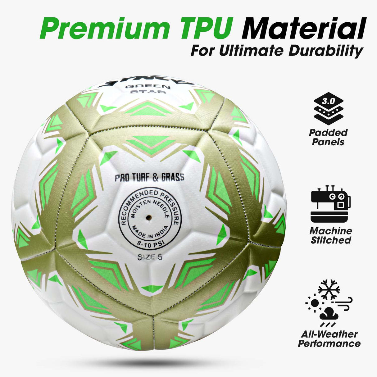 Synco Green Star Embossed Football | Professional Match Ball | TPU Machine Stitched | Size-5